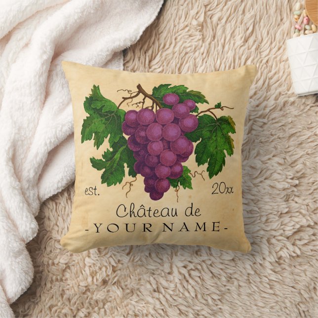 French Chateau with Grapes Vintage Personalized Throw Pillow (Blanket)