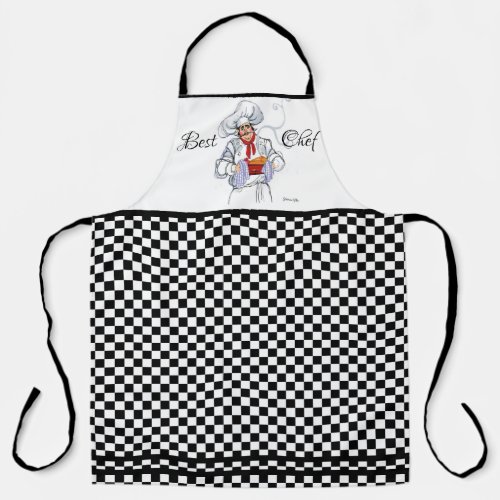 French Chef Art Black White Checks Text White Apron