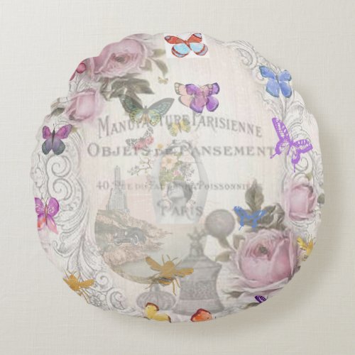 French chiccountry rusticfloral patternrosesre round pillow