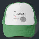 French Chic J'adore Tennis Player Design    Trucker Hat<br><div class="desc">I love tennis design in chic french language, with white retro tennis racket. Personalized classic chic, preppy & elegant tennis design gift for tennis player. Simple, minimalist gift for your tennis coach or tennis team. Personalized Gift for a tennis player. J'adore tennis illustration. Trendy tennis players tournament pastel esthetic home...</div>