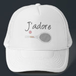 French Chic J'adore Tennis Player Design     Trucker Hat<br><div class="desc">I love tennis design in chic french language, with white retro tennis racket. Personalized classic chic, preppy & elegant tennis design gift for tennis player. Simple, minimalist gift for your tennis coach or tennis team. Personalized Gift for a tennis player. J'adore tennis illustration. Trendy tennis players tournament pastel aesthetic home...</div>