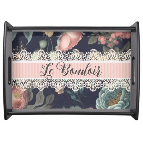 French Chic Le Boudoir Noir Vintage Lace Roses Serving Tray