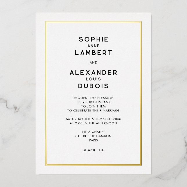 French Chic Minimal Gold Border Wedding Foil Invitation (Front)