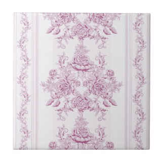 French chic,pink,toile,floral,pattern,victorian,Fl Ceramic Tile
