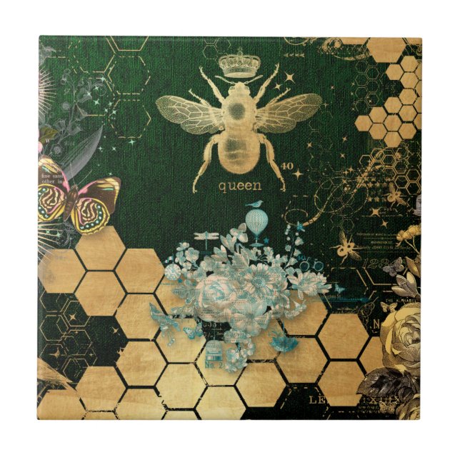 French chic, victorian,bee,floral,gold foil, belle ceramic tile (Front)