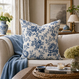 French chinoiserie blue toil de jouy floral Throw Pillow