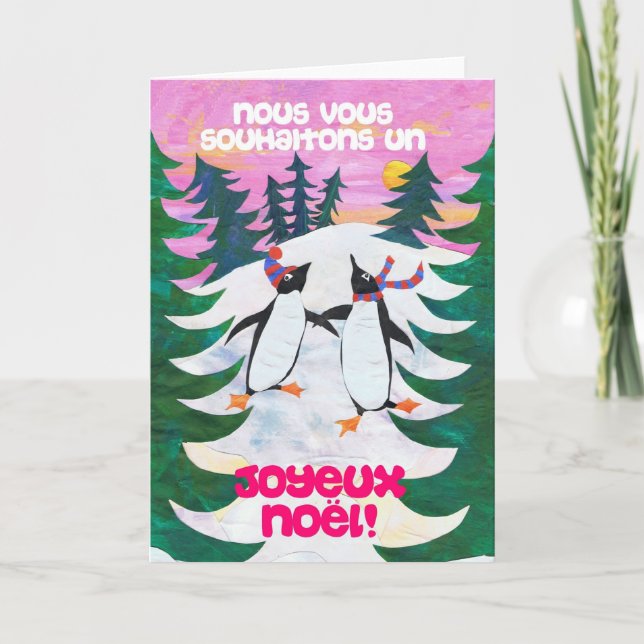 French Christmas Card - Skating Penguins (Front)