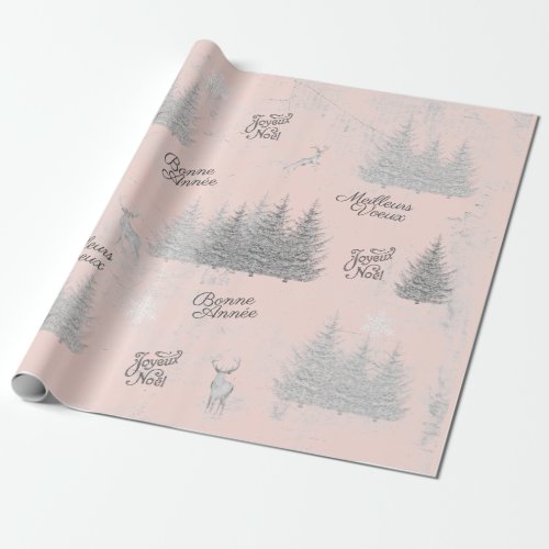 French Christmas Forest Deer Tree Pink Joyeux Noel Wrapping Paper