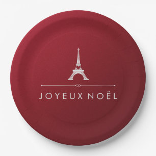 French Christmas Joyeux Noel Eiffel Tower on Red Paper Plates