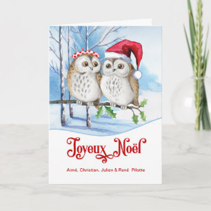 French Christmas Joyeux Noel Woodland Owls Holiday Card