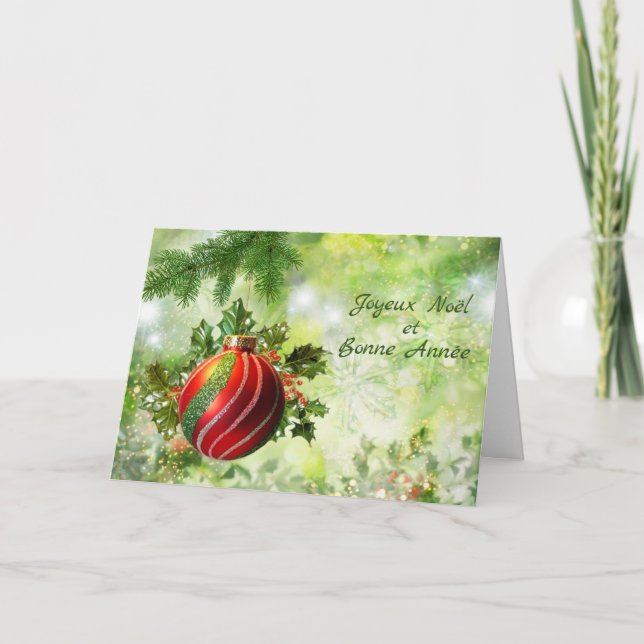 French Christmas red green bauble, holly, pine Holiday Card (Front)