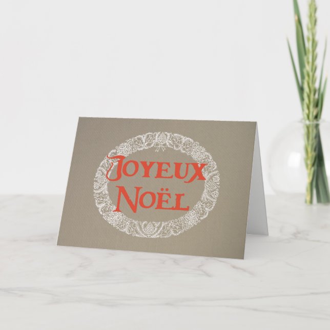 French Christmas Wreath White and Red on Burlap Holiday Card (Front)