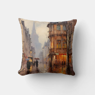 French Cobblestone Street Town - Impressionist Art Throw Pillow
