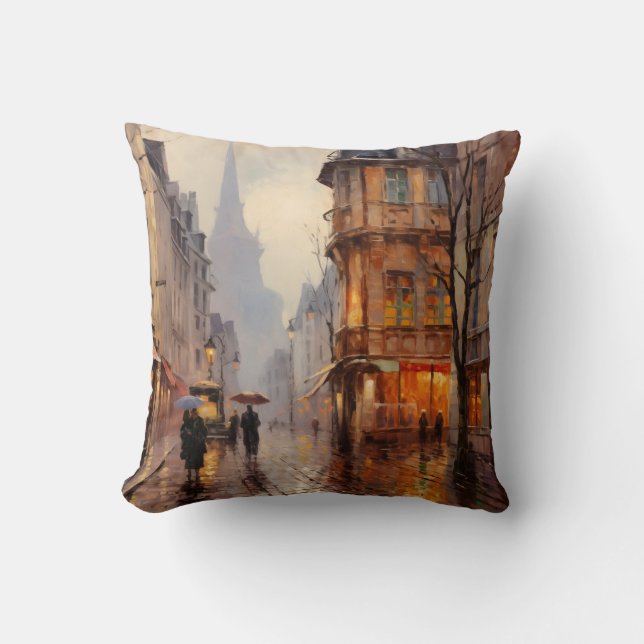 French Cobblestone Street Town - Impressionist Art Throw Pillow (Front)