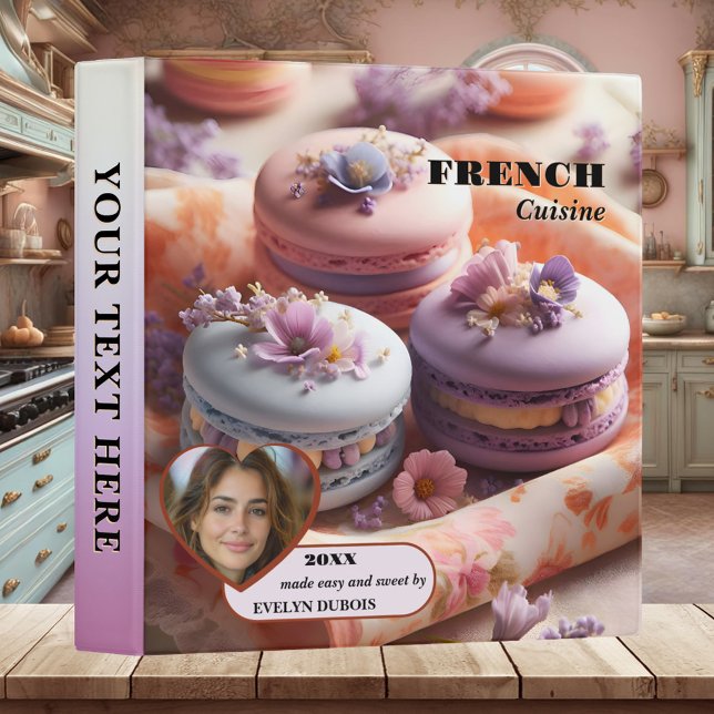 French Cooking Classes Recipe Binder (Binder featuring French Macarons and your custom photo. Nice for a French chef, a bakery or teacher)