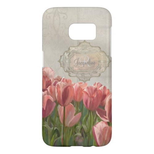 French Coral Pink Tulips w Grey Wood Scrolls Art Samsung Galaxy S7 Case