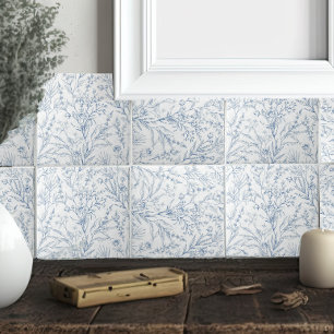 French Cottage Blue and White Floral Ceramic Tile