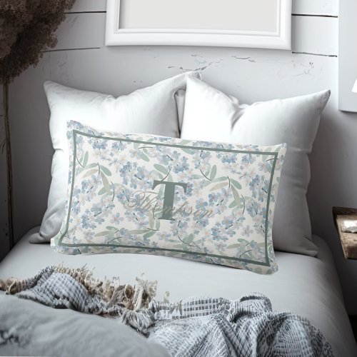 French Cottage Sage Green Floral Monogram Lumbar Pillow