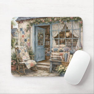 French Cottagecore Quilt Shop Watercolor Mouse Pad