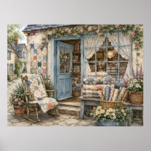 French Cottagecore Quilt Shop Watercolor Poster