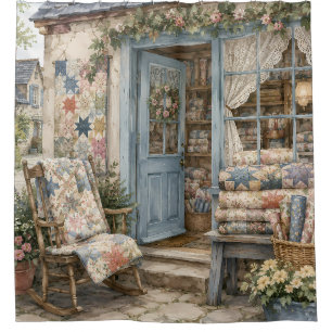French Cottagecore Quilt Shop Watercolor Shower Curtain