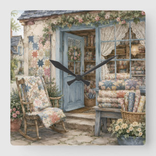 French Cottagecore Quilt Shop Watercolor Square Wall Clock