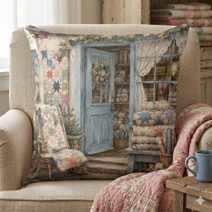 French Cottagecore Quilt Shop Watercolor Throw Pillow