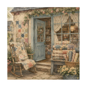 French Cottagecore Quilt Shop Watercolor Wood Wall Art