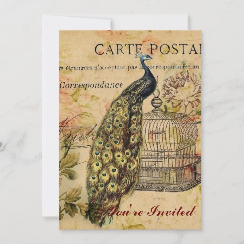 french country art nouveau vintage peacock invitation