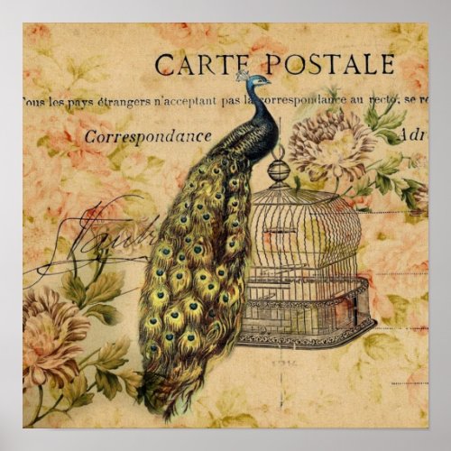 french country art nouveau vintage peacock poster
