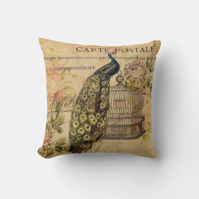 french country art nouveau vintage peacock throw pillow (Front)