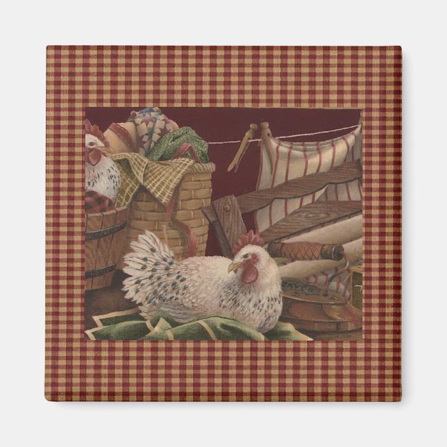 French Country Barn Red/Hens Fridge Magnet (Front)