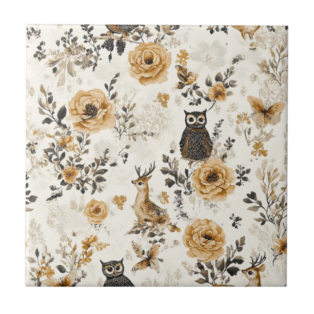 French Country Beige Owl Floral Pattern Ceramic Tile (Front)