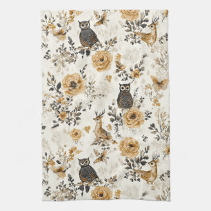 French Country Beige Owl Floral Pattern Kitchen Towel