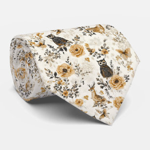 French Country Beige Owl Floral Pattern Neck Tie