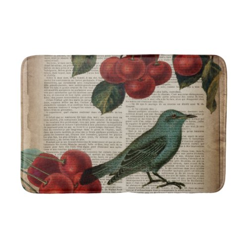 french country bird retro botanical red cherry bath mat