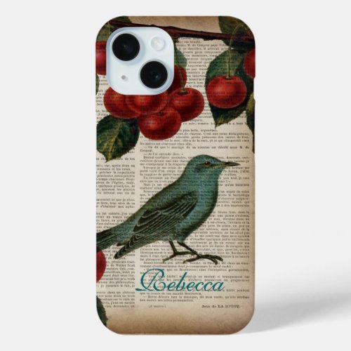 french country bird retro botanical red cherry iPhone 15 case