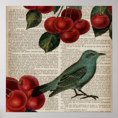 french country bird retro botanical red cherry poster