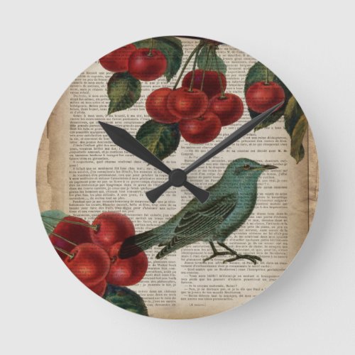 french country bird retro botanical red cherry round clock