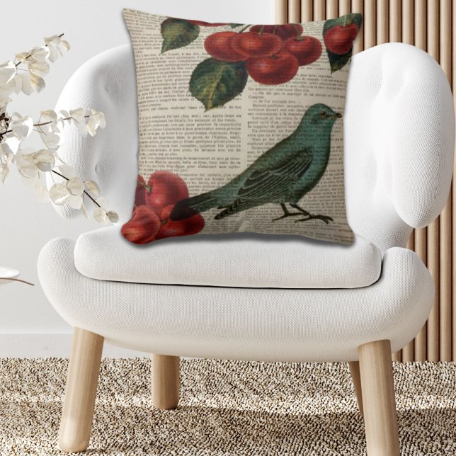 french country bird retro botanical red cherry throw pillow (french country bird retro botanical red cherry throw pillow)