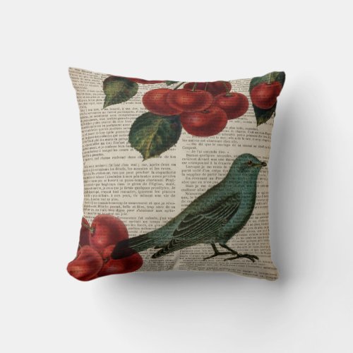 french country bird retro botanical red cherry throw pillow