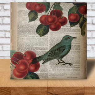 french country bird retro botanical red cherry tile
