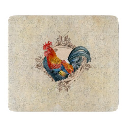 French Country Black Tail Feather Rooster Red Tan Cutting Board