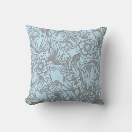 French Country Blue And Gray Floral Throw Pillow