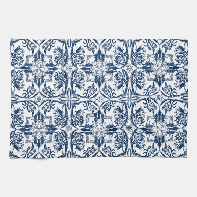 French Country Blue and White Tulips Kitchen Towel (Horizontal)