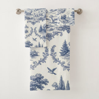 French Country - Blue & Cream Toile Countryside Bath Towel Set