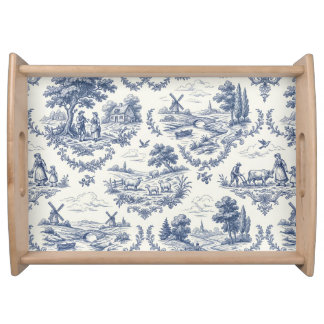 French Country - Blue & Cream Toile Countryside Serving Tray