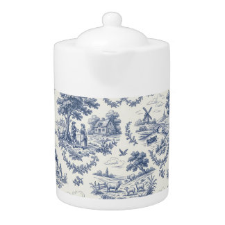 French Country - Blue & Cream Toile Countryside Teapot