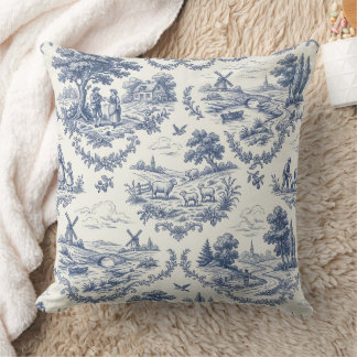 French Country - Blue & Cream Toile Countryside Throw Pillow