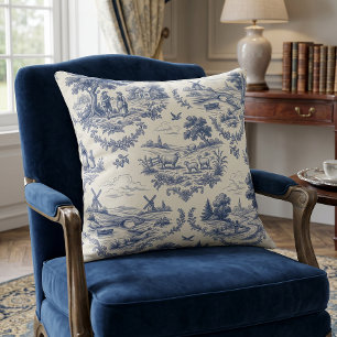 French Country - Blue & Cream Toile Countryside Throw Pillow